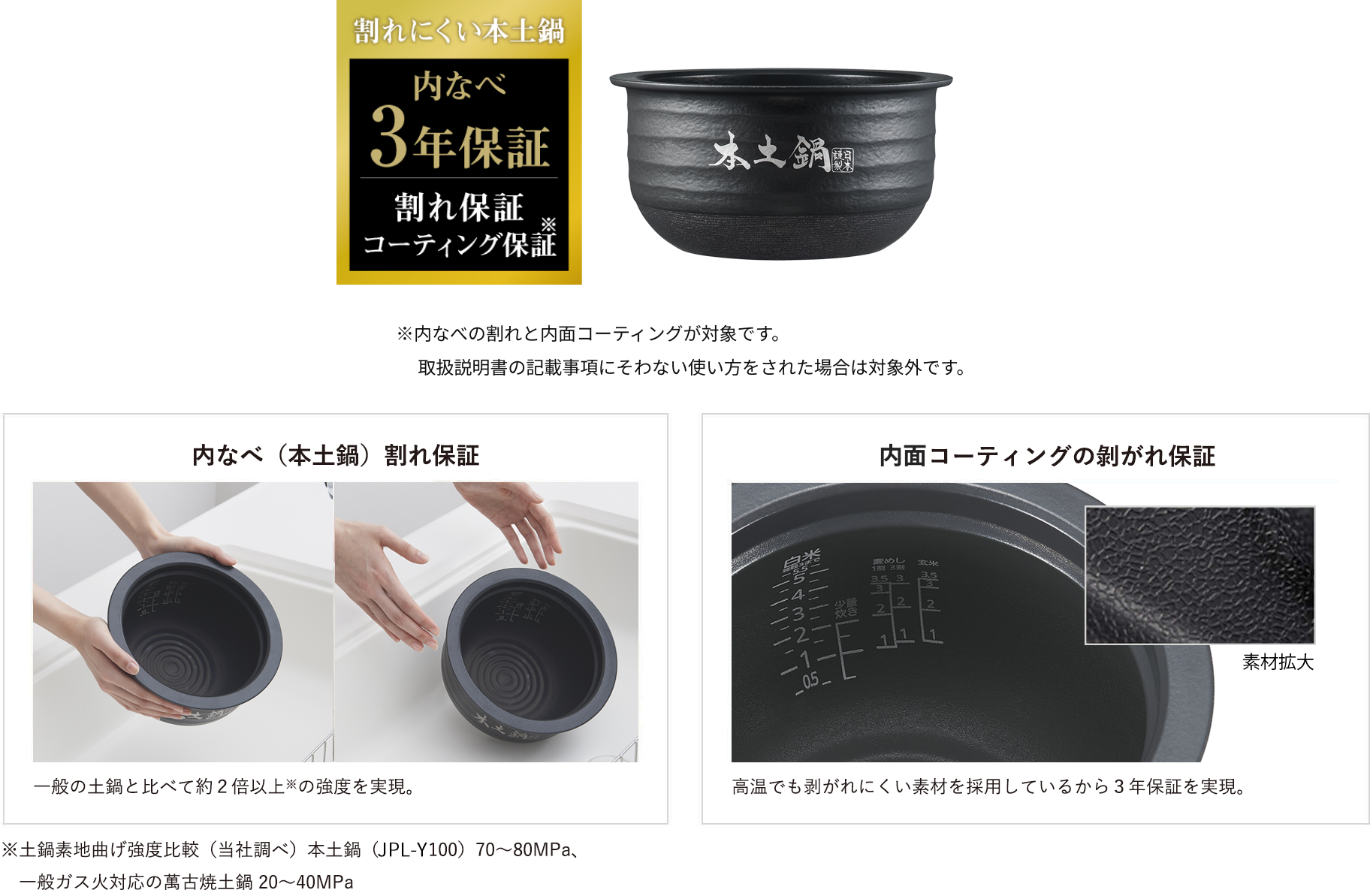 内釜割れ保証（本格どなべ） 本格どなべは、一般的な陶器内釜の2倍以上※の強度があります。*陶器内鍋の素地の曲げ強度比較による（タイガー調べ）。本格陶器内鍋（JPL-Y100）：70～80MPa、従来のガス火用萬古焼土鍋：20～40MPa